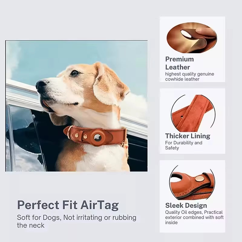 Leather Pet Collar Leather Anti-Lost Collar for Airtag Location Tracker Protective Case for Airtag Adjustable Design
