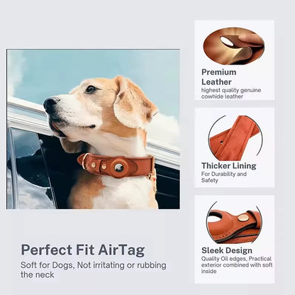 Leather Pet Collar Leather Anti-Lost Collar for Airtag Location Tracker Protective Case for Airtag Adjustable Design