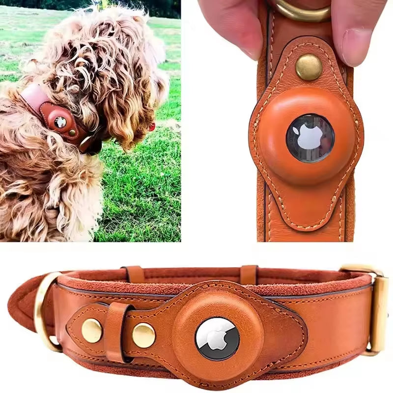 Leather Pet Collar Leather Anti-Lost Collar for Airtag Location Tracker Protective Case for Airtag Adjustable Design